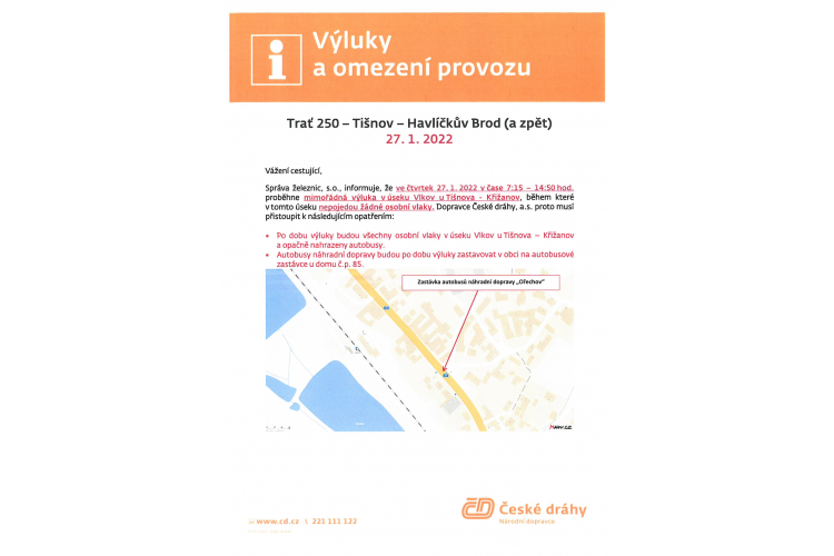 Informace o mimořádné výluce železniční dopravy v úseku Vlkov u Tišnova - Křižanov