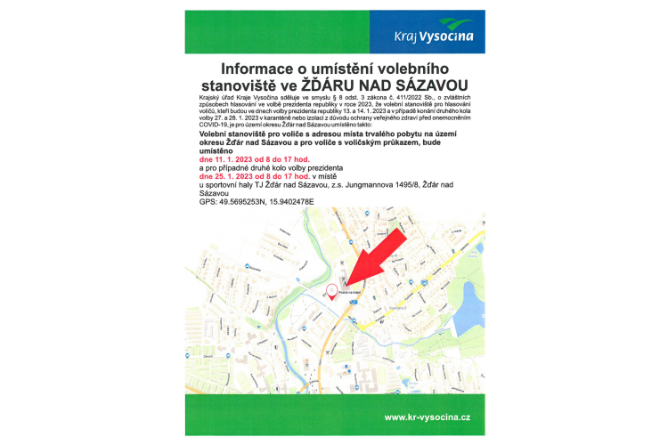 Informace o umístění volebního stanoviště ve Žďáru nad Sázavou