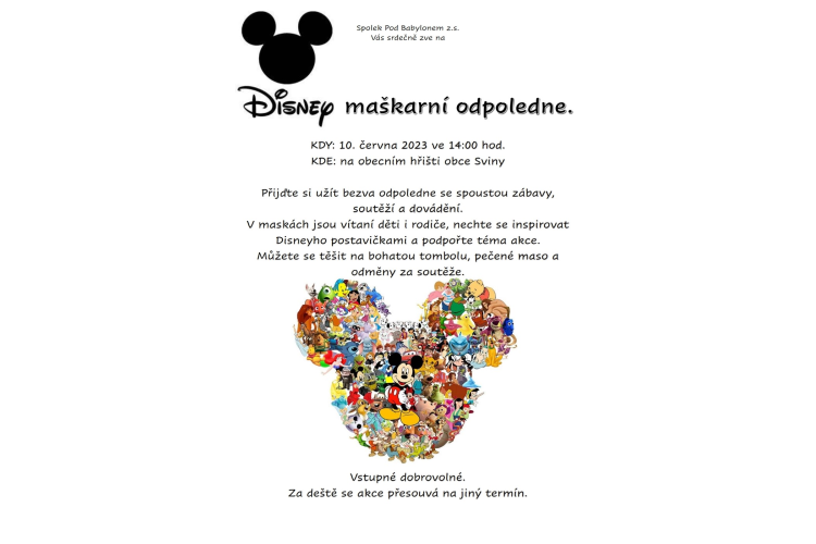 Pozvánka na Disney maškarní odpoledne ve Svinech