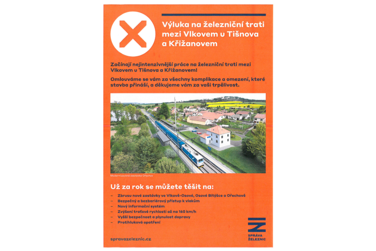 Informace Správy železnic k výluce na železniční trati mezi Vlkovem u Tišnova a Křižanovem